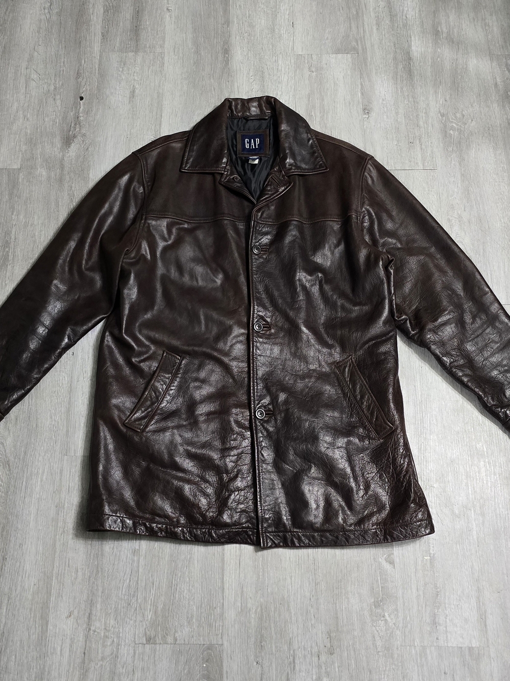 Vintage Y2K Gap Brown Genuine Leather Jacket Coat Button Down Mens 90s